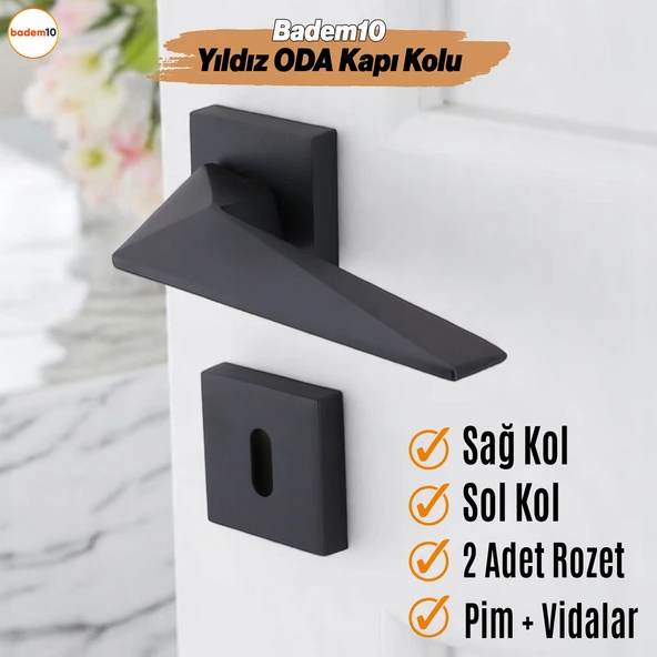Yıldız Oda Kapı Kolu Siyah Kare Rozetli Sağa Sola Uygun İç Dış Ev Kapısı Kolları Kilitlenebilir 1 Takım