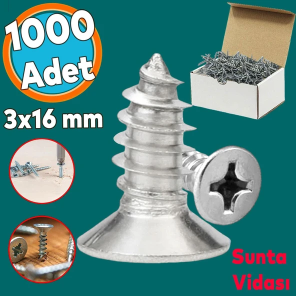 Sunta Vidası Sivri Uçlu Ahşap Tahta Ağaç Mobilya Ayak Kulp Vidası 3x16 Mm Paket 1000 Adet