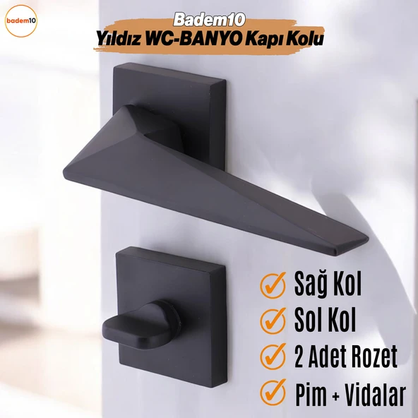 Yıldız WC - BANYO Siyah Kapı Kolu Kare Rozetli Ev Kapı Kolları Kilitlenebilir Sağ Sola Uygun 1 Takım