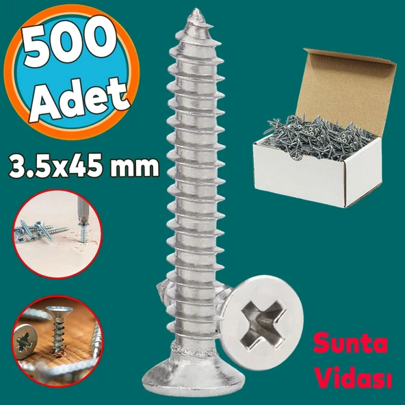 Sunta Vidası Sivri Uçlu Ahşap Tahta Ağaç Mobilya Ayak Kulp Vidası 3.5x45 Mm Paket 500 Adet