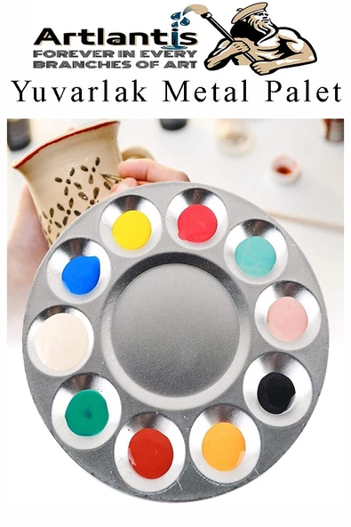 Yuvarlak Metal Palet 2 Adet Metal Boya Paleti 10 Hazneli 17 cm Paslanmaz Resim Boyama Paleti Fırça Hediyeli - 5
