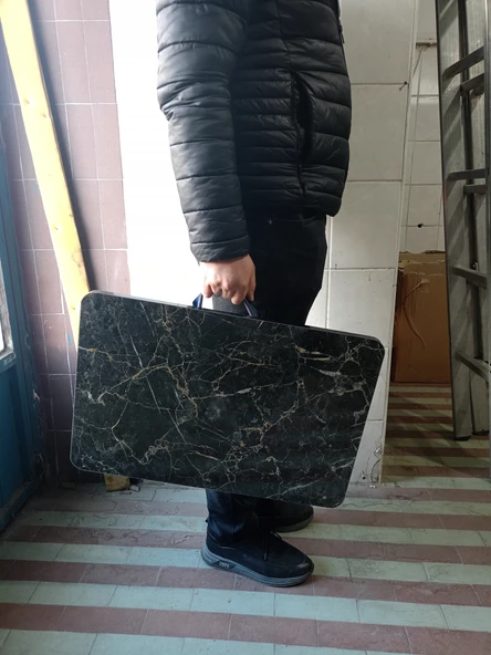 Portatif, Çok Amaçlı, Taşınabilir Kamp, Piknik, Seyehat Masası,-Mermer Desen- Ahşap Ayaklı - 4