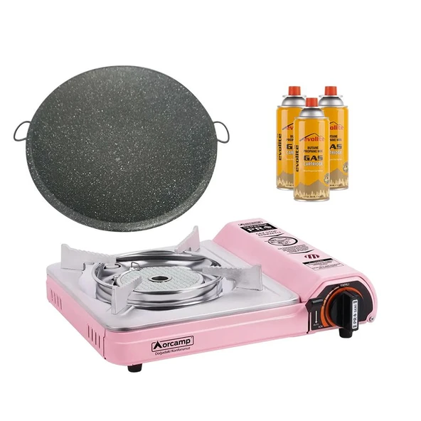 Orcamp Seramik Pro Portatif Ocağı Pembe + Granit Katmer + 3 Evolite 227 gr Gaz Kartuşu EVO-008-F2