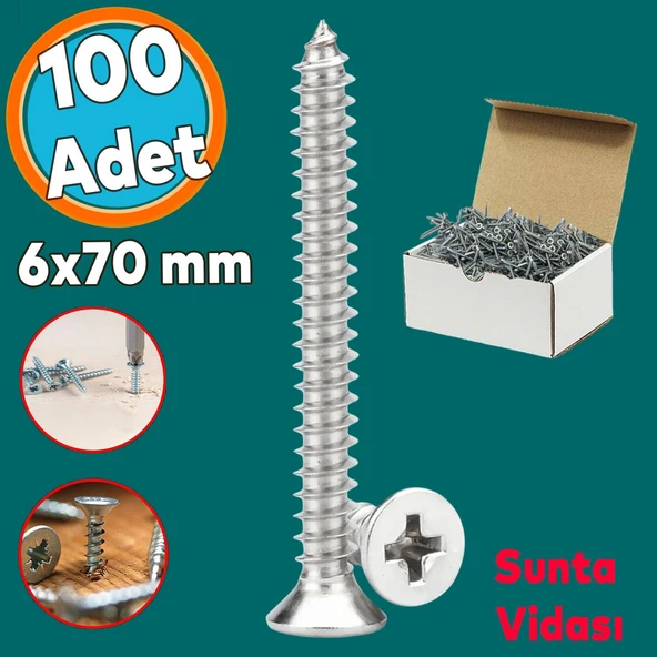 Sunta Vidası Sivri Uçlu Ahşap Tahta Ağaç Mobilya Ayak Kulp Vidası 6x70 Mm Paket 100 Adet