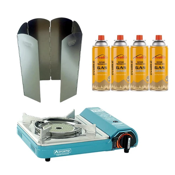 Orcamp Seramik Pro Portatif Kamp Ocağı Mavi + 6 Kanatlı Rüzgarlık + 4 Evolite 227 gr Gaz Kartuşu EVO-007-E3