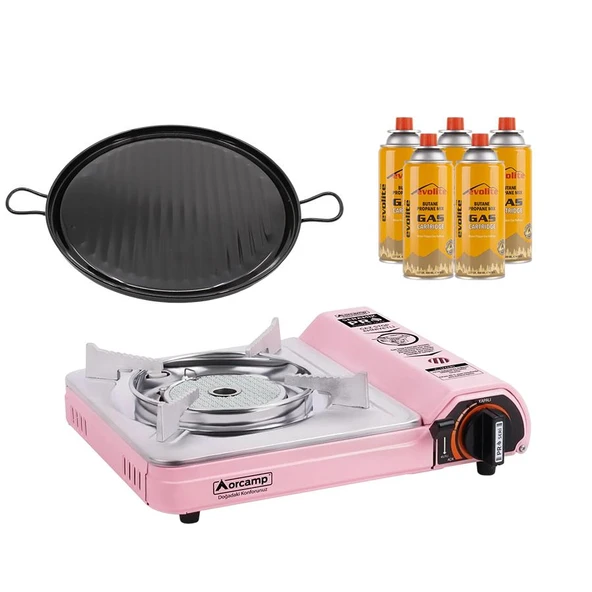Orcamp Seramik Pro Portatif Ocağı Pembe + Emaye Tava + 5 Evolite 227 gr Gaz Kartuşu EVO-008-C4