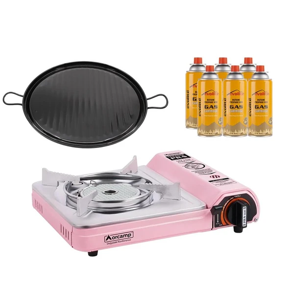 Orcamp Seramik Pro Portatif Ocağı Pembe + Emaye Tava + 6 Evolite 227 gr Gaz Kartuşu EVO-008-C5