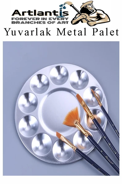 Yuvarlak Metal Palet 1 Adet Metal Boya Paleti 10 Hazneli 17 cm Paslanmaz Resim Boyama Paleti Fırça Hediyeli - 6