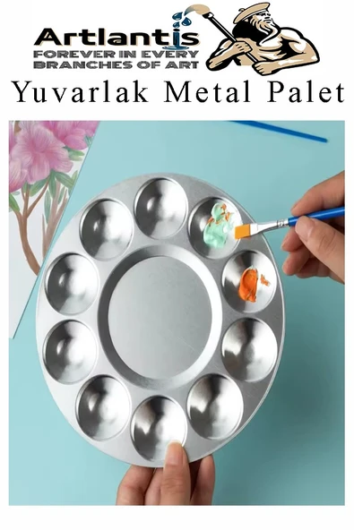 Yuvarlak Metal Palet 1 Adet Metal Boya Paleti 10 Hazneli 17 cm Paslanmaz Resim Boyama Paleti Fırça Hediyeli - 3