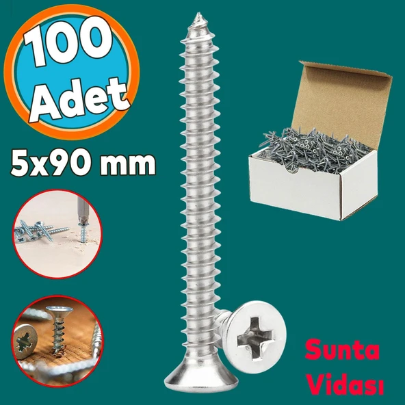 Sunta Vidası Sivri Uçlu Ahşap Tahta Ağaç Mobilya Ayak Kulp Vidası 5x90 Mm Paket 100 Adet