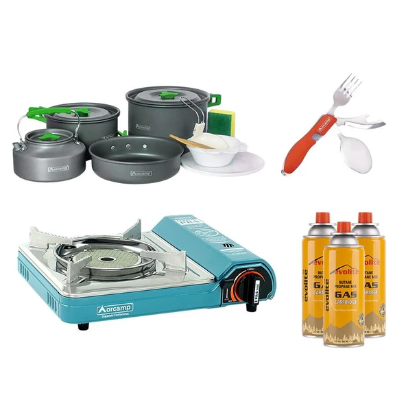 Orcamp Seramik Pro Portatif Kamp Ocağı Mavi + 4'lü Tencere Seti + ÇKB(OUT-1350-K) + 3 Evolite 227 gr Gaz Kartuşu EVO-007-D1