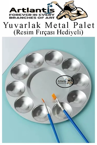 Yuvarlak Metal Palet 1 Adet Metal Boya Paleti 10 Hazneli 17 cm Paslanmaz Resim Boyama Paleti Fırça Hediyeli