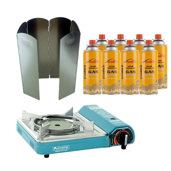 Orcamp Seramik Pro Portatif Kamp Ocağı Mavi + 6 Kanatlı Rüzgarlık + 8 Evolite 227 gr Gaz Kartuşu EVO-007-E7