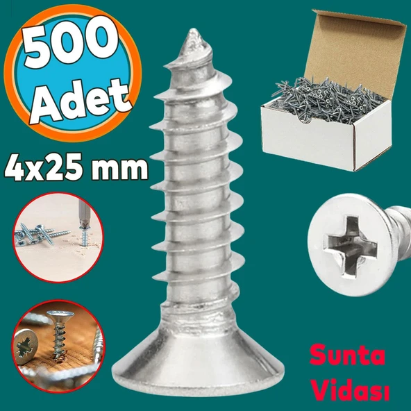 Sunta Vidası Sivri Uçlu Ahşap Tahta Ağaç Mobilya Ayak Kulp Vidası 4x25 Mm Paket 500 Adet ürün görseli