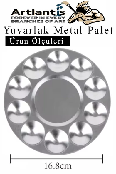Yuvarlak Metal Palet 2 Adet Metal Boya Paleti 10 Hazneli 17 cm Paslanmaz Resim Boyama Paleti Fırça Hediyeli - 4