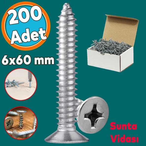 Sunta Vidası Sivri Uçlu Ahşap Tahta Ağaç Mobilya Ayak Kulp Vidası 6x60 Mm Paket 200 Adet