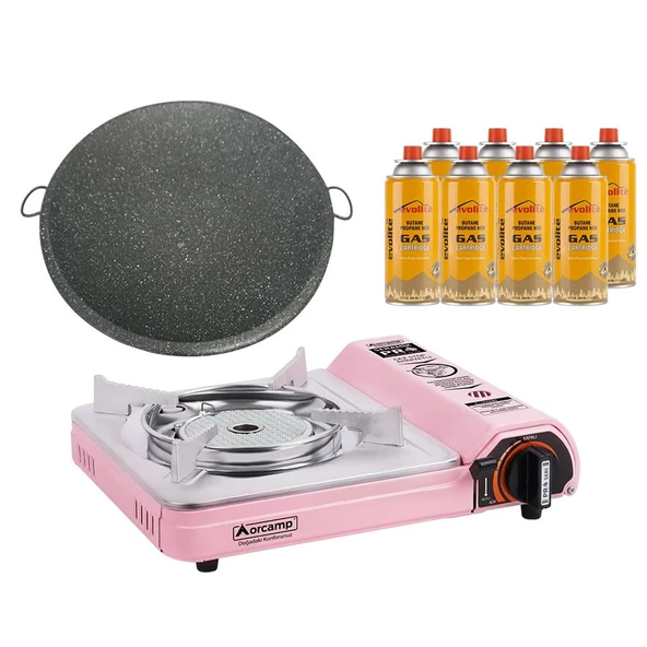 Orcamp Seramik Pro Portatif Ocağı Pembe + Granit Katmer + 8 Evolite 227 gr Gaz Kartuşu EVO-008-F7