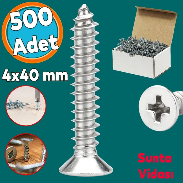 Sunta Vidası Sivri Uçlu Ahşap Tahta Ağaç Mobilya Ayak Kulp Vidası 4x40 Mm Paket 500 Adet