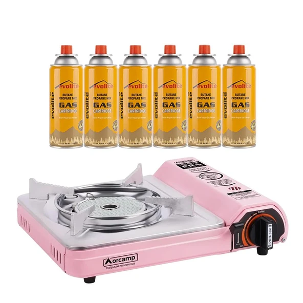 Orcamp Seramik Pro Portatif Ocağı Pembe + 6 Evolite 227 gr Gaz Kartuşu EVO-008-A5