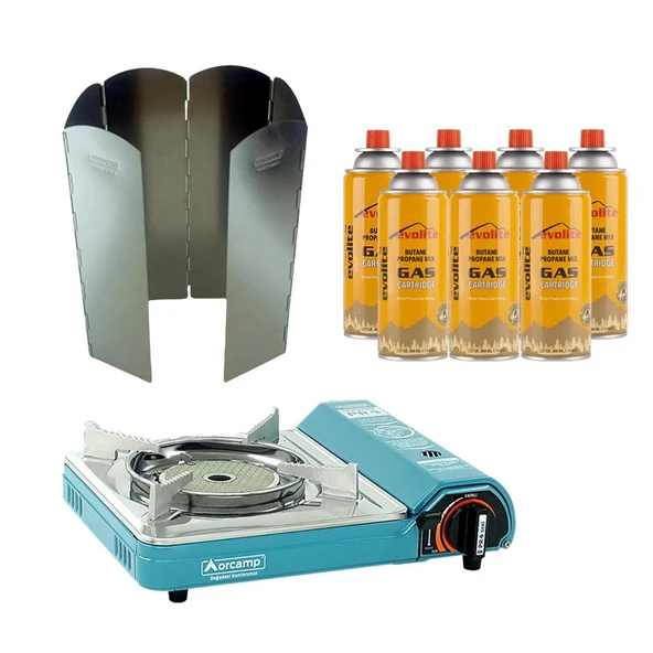 Orcamp Seramik Pro Portatif Kamp Ocağı Mavi + 6 Kanatlı Rüzgarlık + 7 Evolite 227 gr Gaz Kartuşu EVO-007-E6