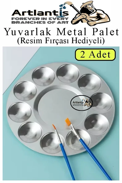 Yuvarlak Metal Palet 2 Adet Metal Boya Paleti 10 Hazneli 17 cm Paslanmaz Resim Boyama Paleti Fırça Hediyeli