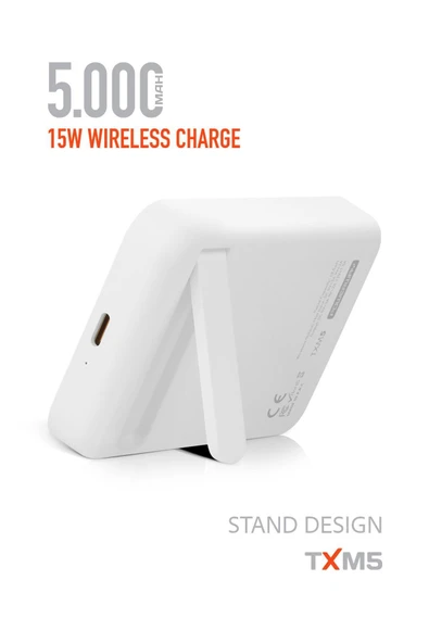 5000 mah Beyaz 15W Magsafe Destekli TXM5 Powerbank – Kablosuz Şarj + Stand Tasarım - 3