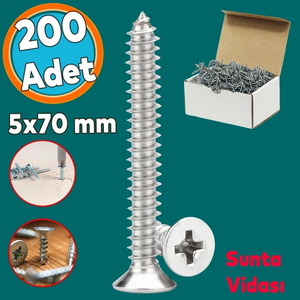 Sunta Vidası Sivri Uçlu Ahşap Tahta Ağaç Mobilya Ayak Kulp Vidası 5x70 Mm Paket 200 Adet