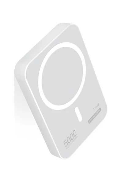 5000 mah Beyaz 15W Magsafe Destekli TXM5 Powerbank – Kablosuz Şarj + Stand Tasarım
