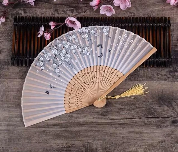 Beluga Yelpaze Bambu Kumaş Serinletici Vintage Şık Dekorasyon  Püsküllü Japon Yelpaze 0273 ürün görseli 1