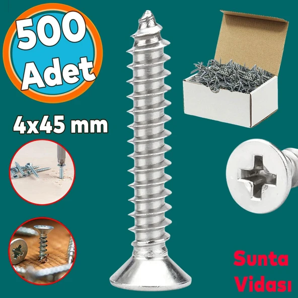 Sunta Vidası Sivri Uçlu Ahşap Tahta Ağaç Mobilya Ayak Kulp Vidası 4x45 Mm Paket 500 Adet