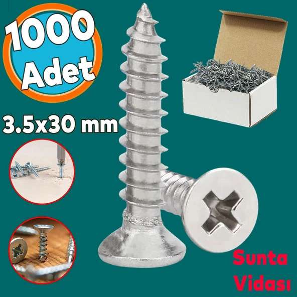 Sunta Vidası Sivri Uçlu Ahşap Tahta Ağaç Mobilya Ayak Kulp Vidası 3.5x30 Mm Paket 1000 Adet