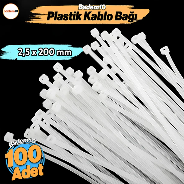 2,5 x 200 mm 100 Adet Cırt Kelepçe 20 cm Plastik Beyaz Renk Zip Kablo Bağı Çok Amaçlı Bağlama