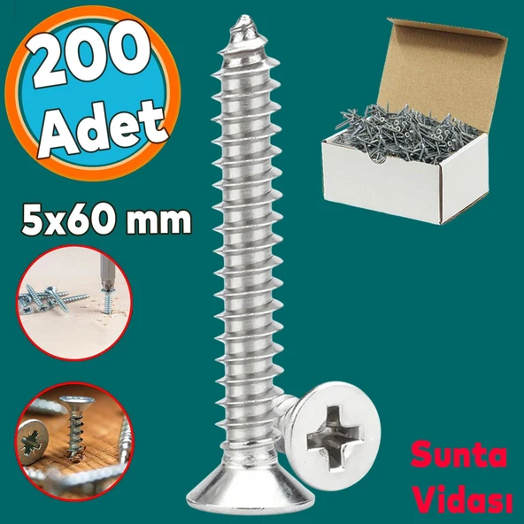 Sunta Vidası Sivri Uçlu Ahşap Tahta Ağaç Mobilya Ayak Kulp Vidası 5x60 Mm Paket 200 Adet ürün görseli