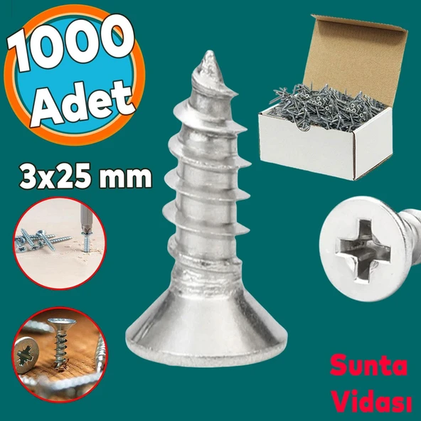 Sunta Vidası Sivri Uçlu Ahşap Tahta Ağaç Mobilya Ayak Kulp Vidası 3x25 Mm Paket 1000 Adet
