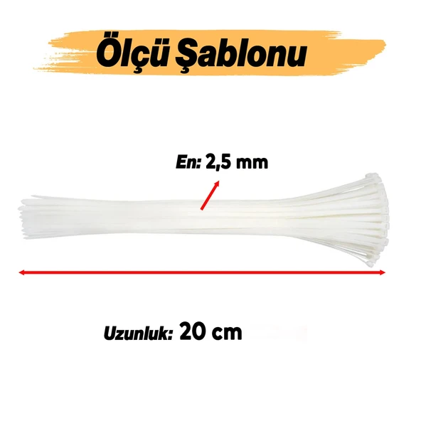2,5 x 200 mm 100 Adet Cırt Kelepçe 20 cm Plastik Beyaz Renk Zip Kablo Bağı Çok Amaçlı Bağlama - 2