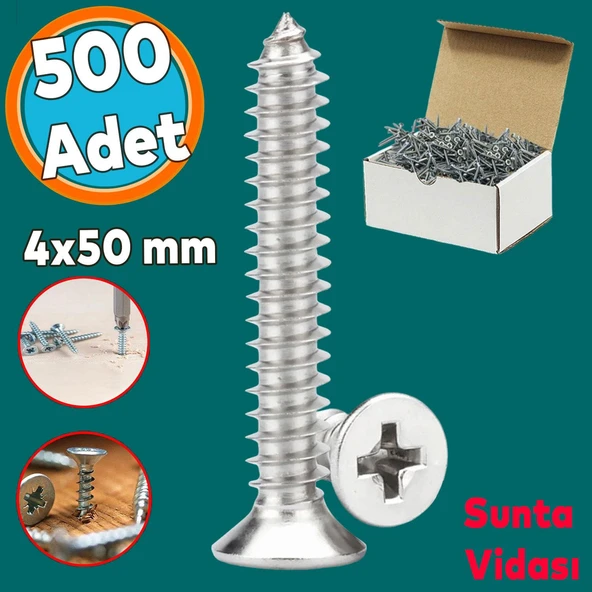 Sunta Vidası Sivri Uçlu Ahşap Tahta Ağaç Mobilya Ayak Kulp Vidası 4x50 Mm Paket 500 Adet