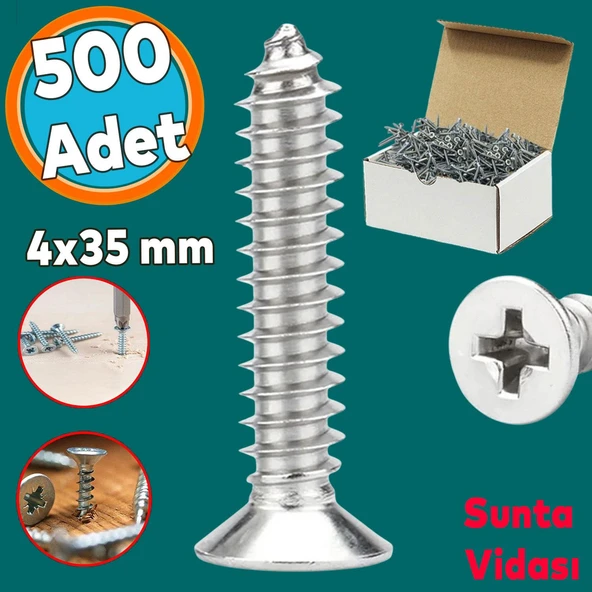 Sunta Vidası Sivri Uçlu Ahşap Tahta Ağaç Mobilya Ayak Kulp Vidası 4x35 Mm Paket 500 Adet