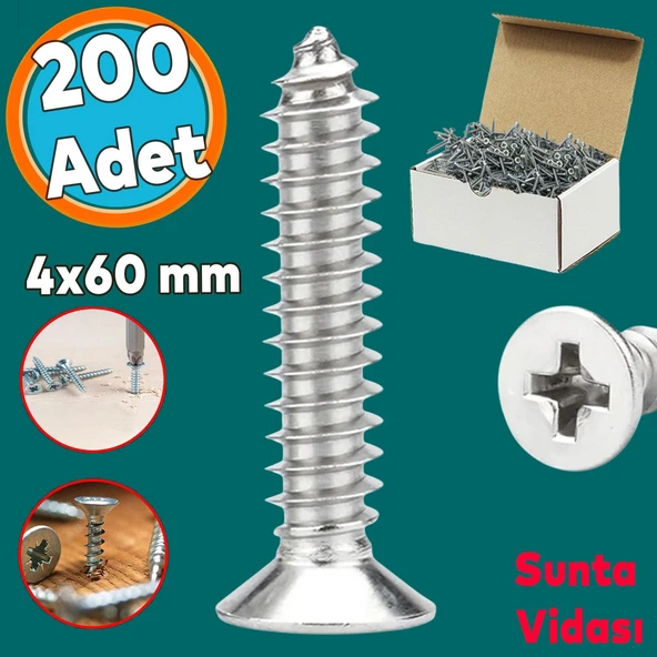 Sunta Vidası Sivri Uçlu Ahşap Tahta Ağaç Mobilya Ayak Kulp Vidası 4x60 Mm Paket 200 Adet