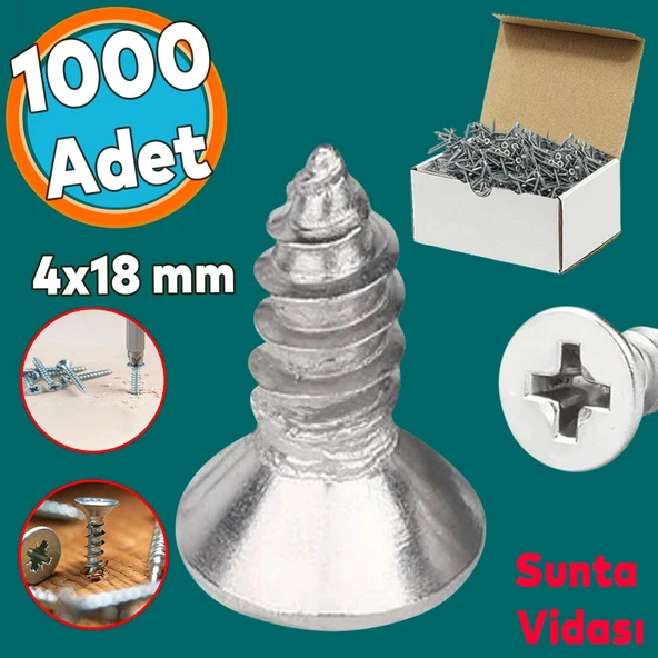 Sunta Vidası Sivri Uçlu Ahşap Tahta Ağaç Mobilya Ayak Kulp Vidası 4x18 Mm Paket 1000 Adet