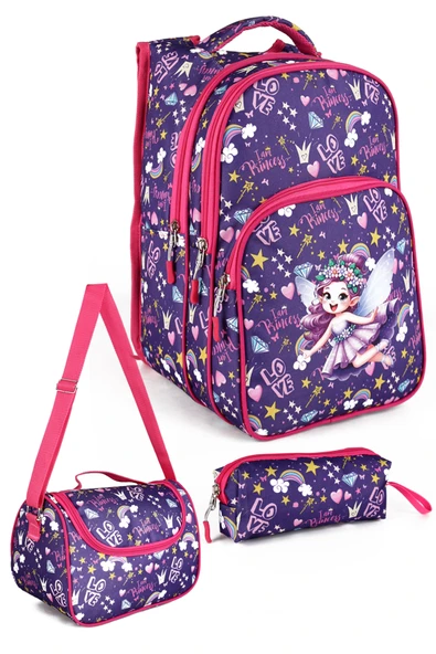Lugmo 3 Lü İlkokul Çanta Seti Kız Çocuk Çantası Astarlı Love Kelebek Mor ürün görseli