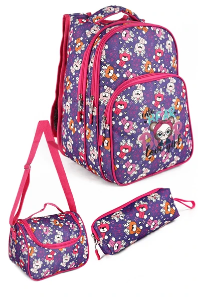 Lugmo 3 Lü İlkokul Çanta Seti Kız Çocuk Çantası Astarlı Kedili Mor