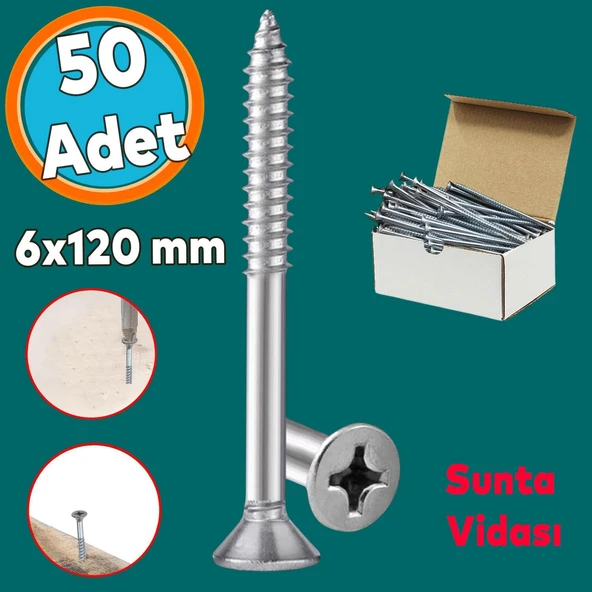 Sunta Vidası Sivri Uçlu Ahşap Tahta Ağaç Mobilya Ayak Kulp Vidası 6x120 Mmpaket 50 Adet
