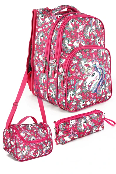 Lugmo 3 Lü İlkokul Çanta Seti Kız Çocuk Çantası Astarlı Unicorn