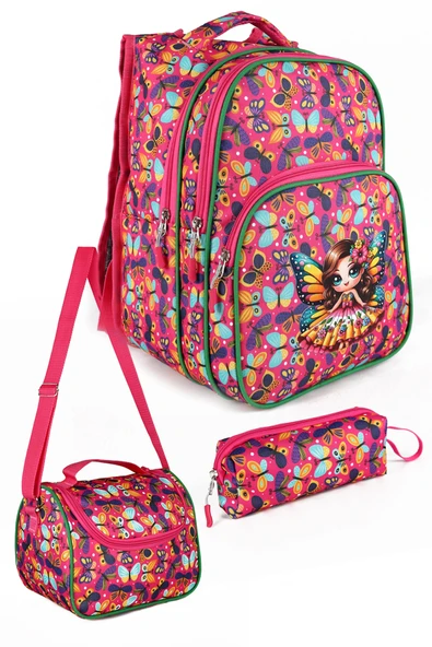 Lugmo 3 Lü İlkokul Çanta Seti Kız Çocuk Çantası Astarlı Kelebek Pembe