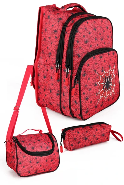 Lugmo 3 Lü İlkokul Çanta Seti Erkek Çocuk Çantası Astarlı Örümcek Adam Kırmızı