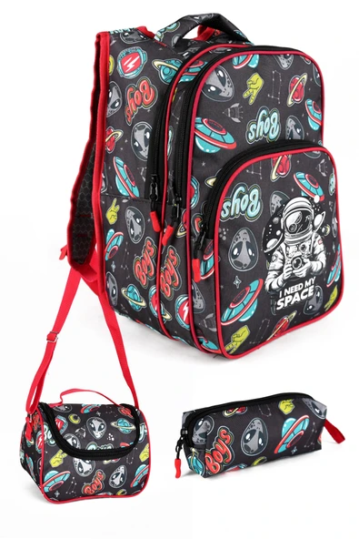 Lugmo 3 Lü İlkokul Çanta Seti Erkek Çocuk Çantası Astarlı Astronot Siyah - Resim 9