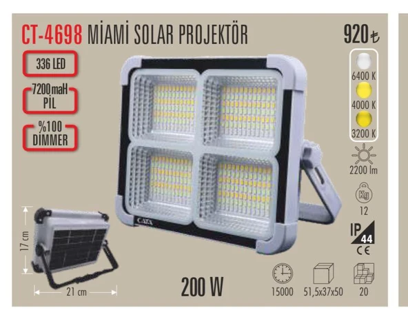 CATA CT-4698 Solar Projektör Taşınabilir 200 Watt