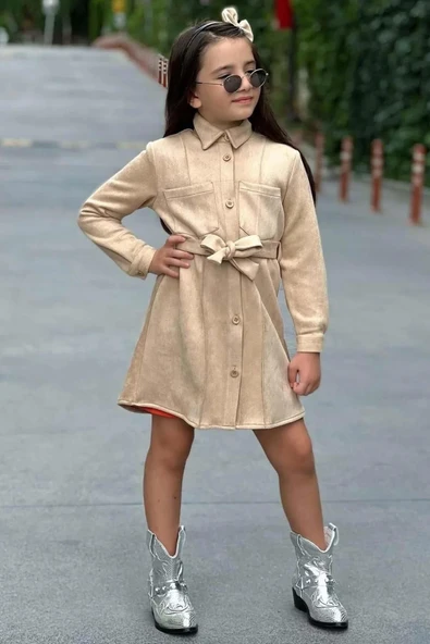 Kız Çocuk Kemer Detaylı Nubuk Ceket Fitilli Kumaş Uzun Kollu Turuncu Elbise ürün görseli