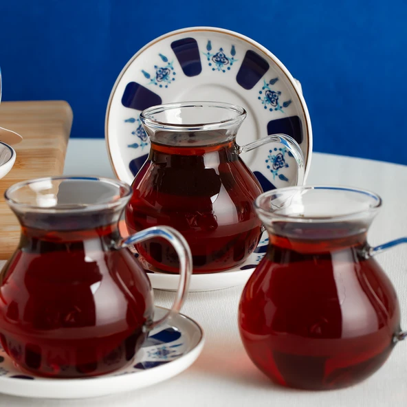 Perotti 17903 Laleli 12 Parça 6 Kişilik Çay Seti – 210 ml Borosilikat Cam Kulplu Tombik Bardak ve Porselen Çay Tabağı Takımı - 2