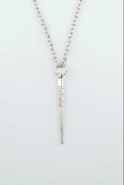 Etknik Desenli Çubuk, Gümüş Kaplama Düz Zincir Kolye ürün görseli 1